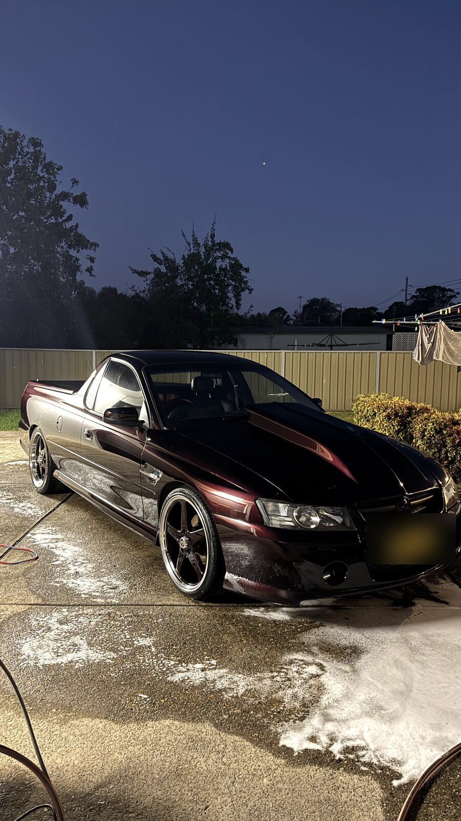 Dark plum HSV Maloo ute after a full detail and ceramic sealant, parked on a wet driveway at dusk